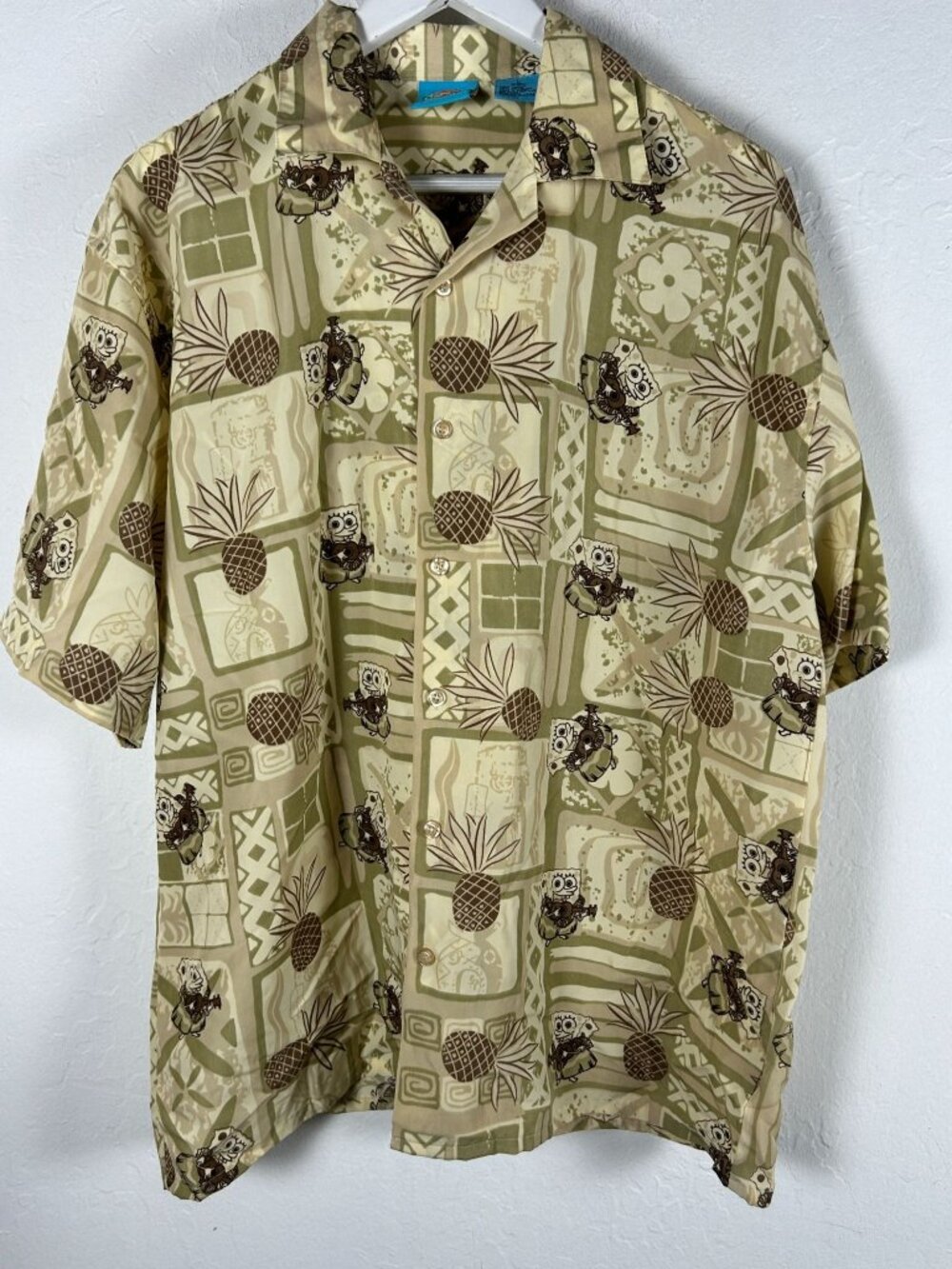 Vintage Sponge Bob SquarePants Hawaiian Button Up Shirt Large Pineapple Ukulele